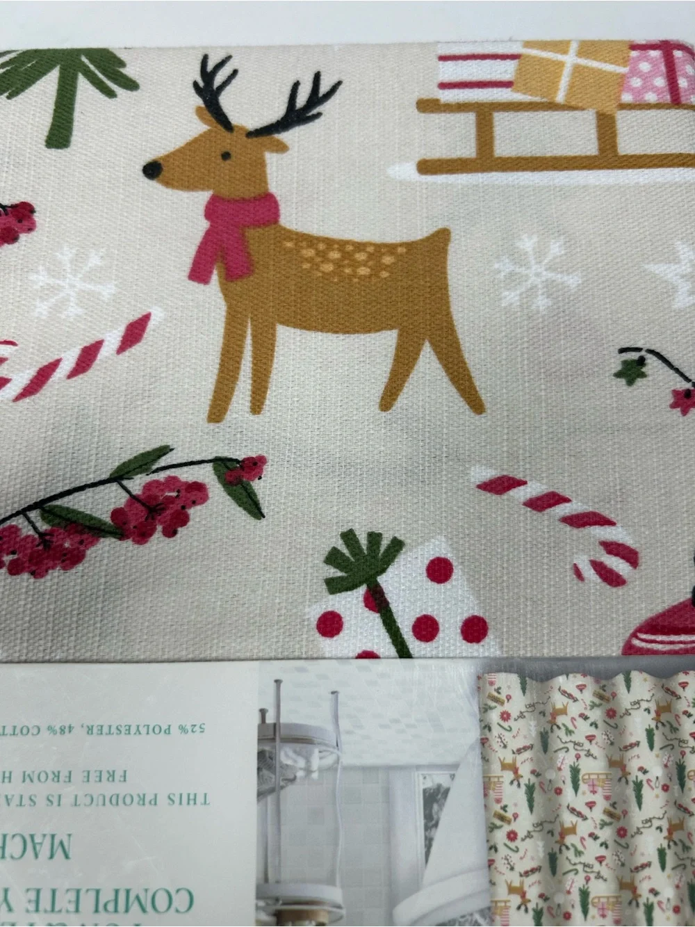 Twilight Town Christmas Reindeer Pink Peppermint Shower Curtain 72x72 NWT